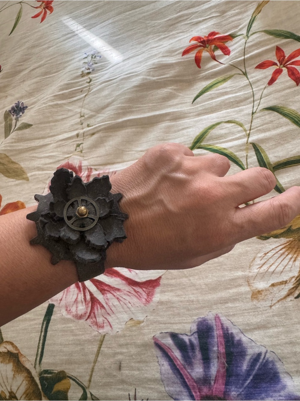 Steampunk Floral Leather Cuff bracelet with Decorative Gear Accent